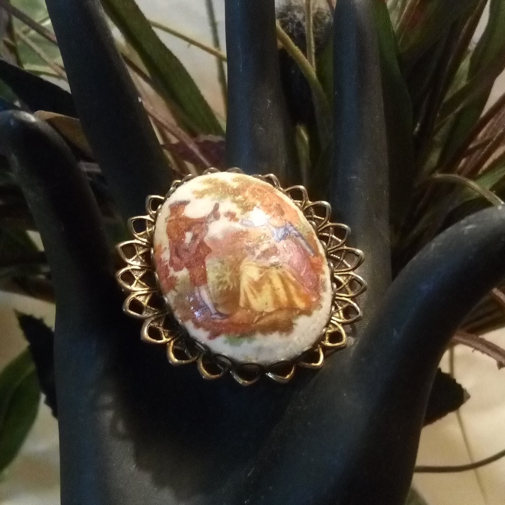 Vintage Fragonard Porcelain Painted Cameo Serenade Brooch 2"